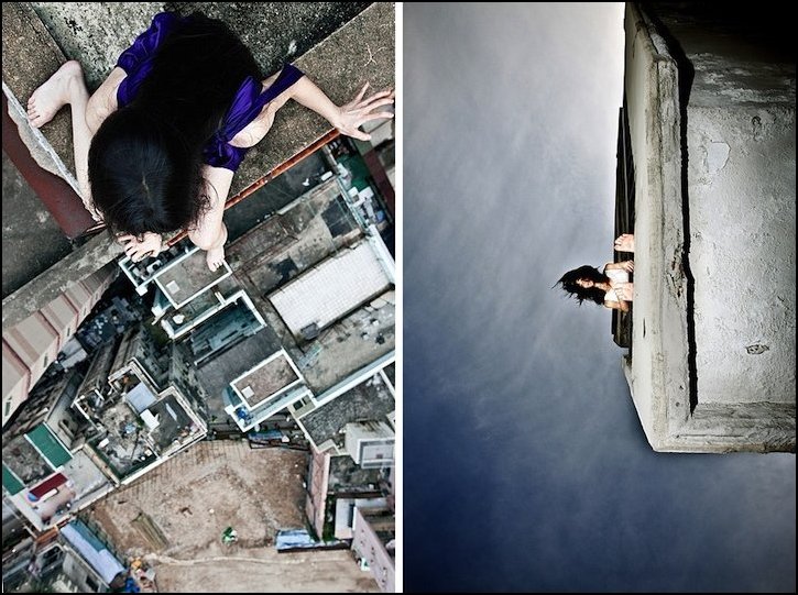 Находиться на грани жизни. Девушка падает с крыши. Падение с высоты девушки.